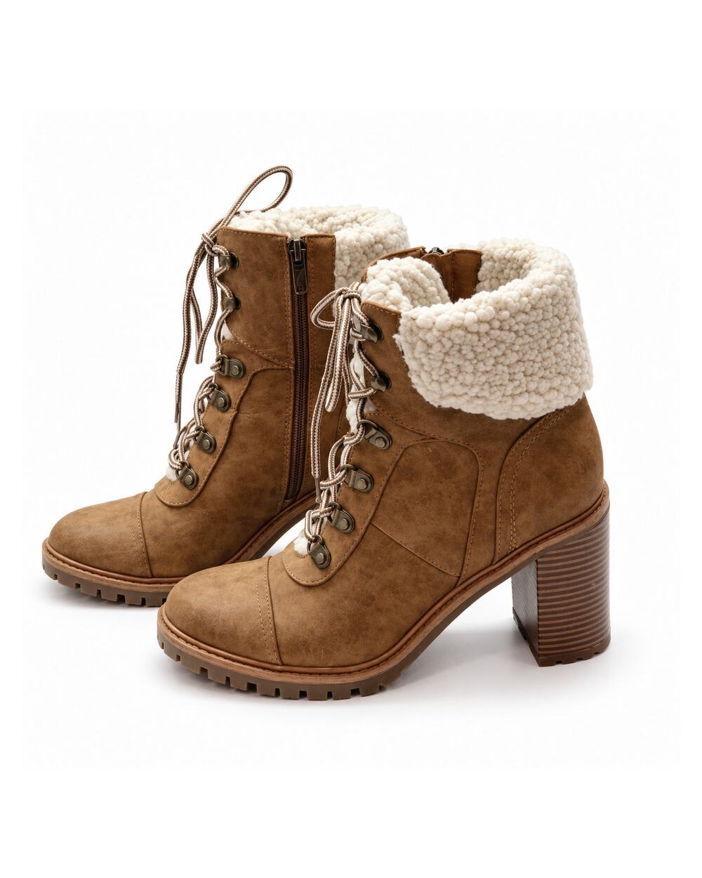 Nine West Hiker Ankle Boots Faux Shearling Lace Up Cognac Womens Size 8
